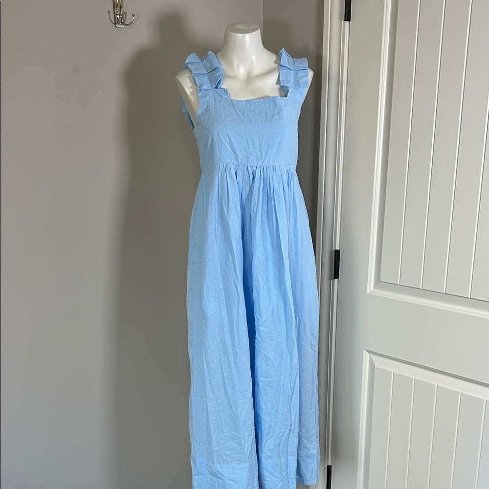 Lake Pajamas Lolly Dress in Morning Blue Swiss Dot Midi Pockets Sz S NEW - Picture 5 of 15